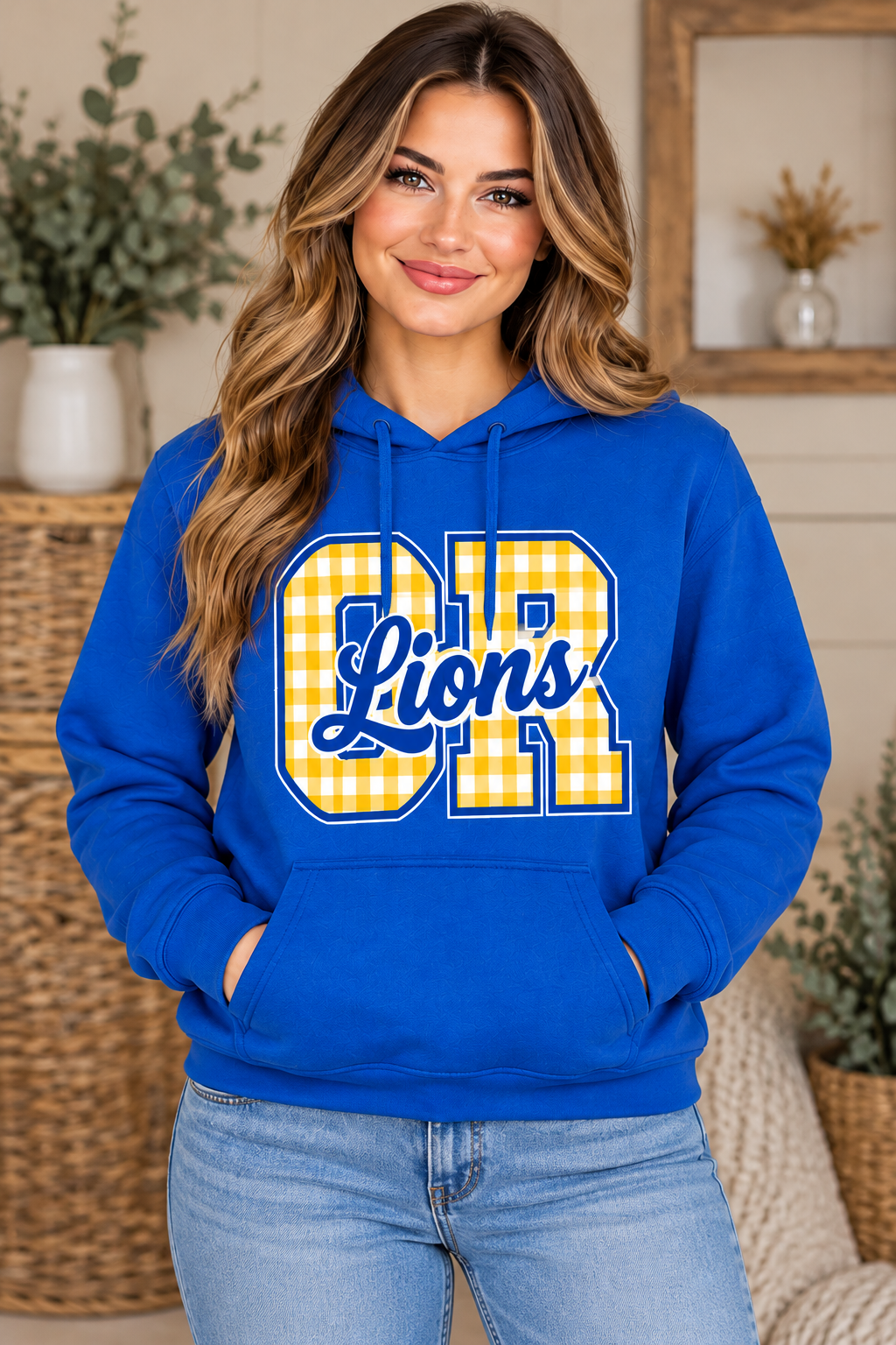 Chestnut Ridge Lions Gingham CR Script Hoodie — Royal Blue