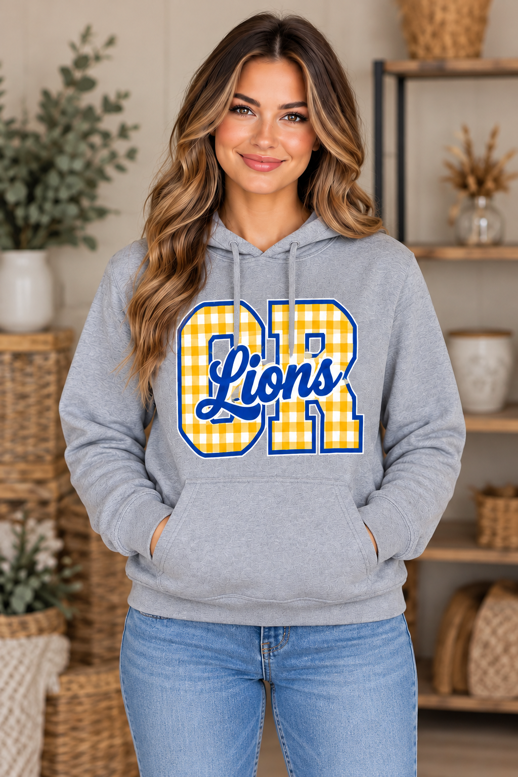 Chestnut Ridge Lions Gingham CR Script Hoodie — Sport Gray