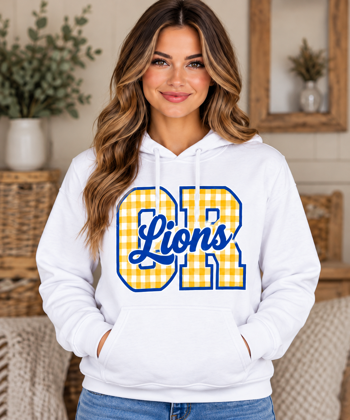 Chestnut Ridge Lions Gingham CR Script Hoodie — White