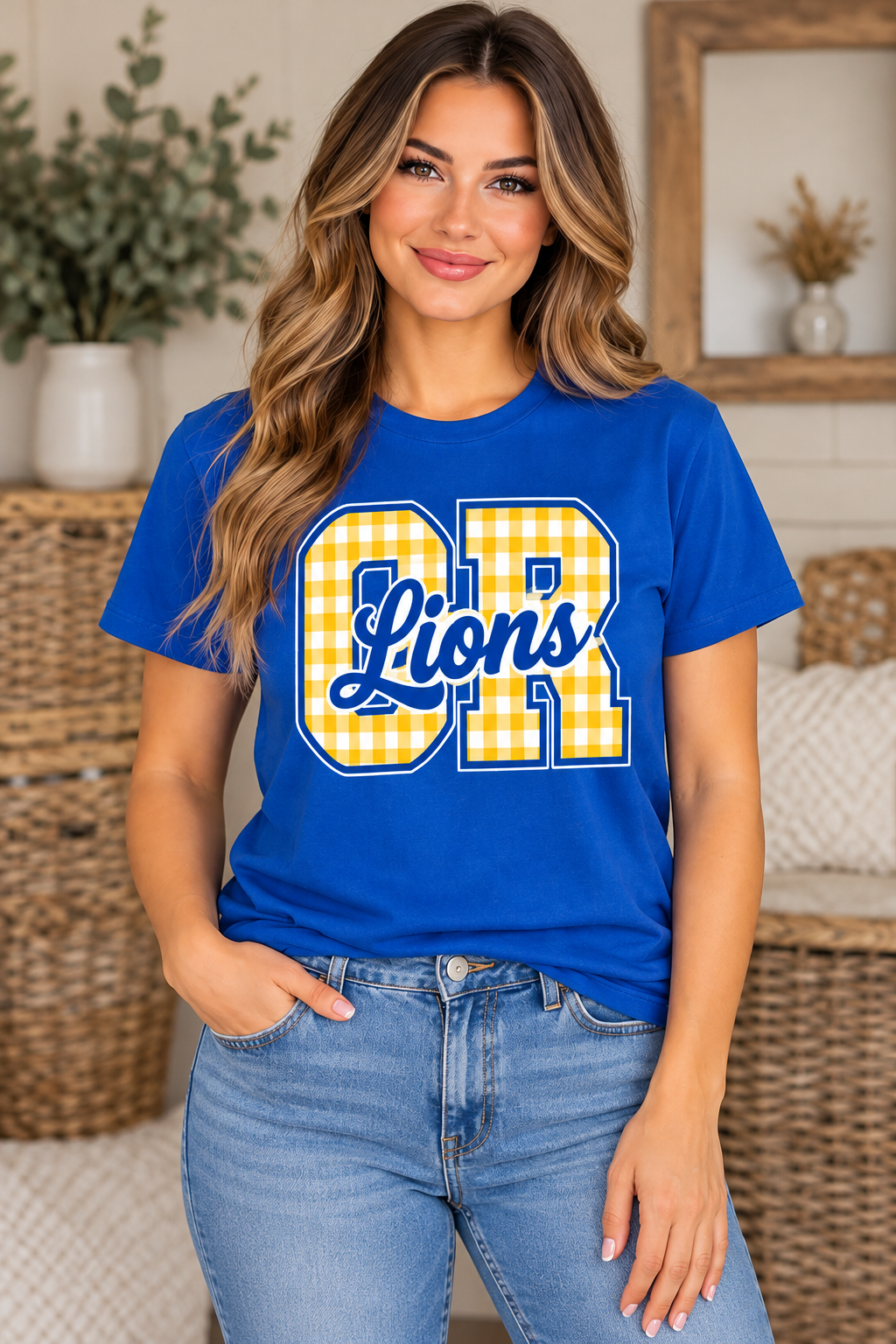 Chestnut Ridge Lions Gingham CR Script T-Shirt — Royal Blue