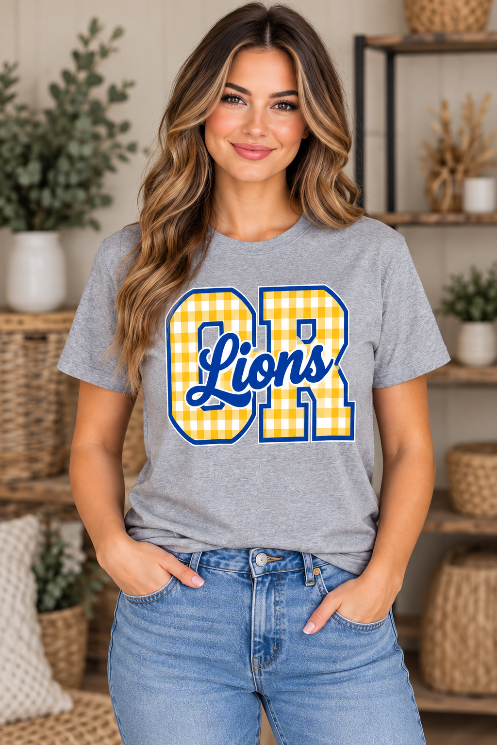 Chestnut Ridge Lions Gingham CR Script T-Shirt — Sport Gray