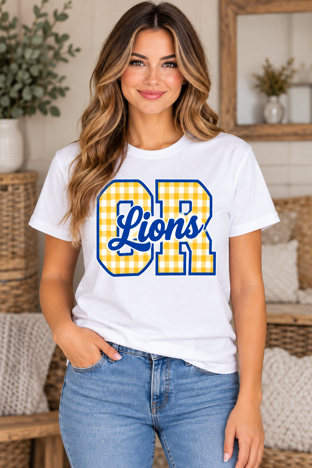 Chestnut Ridge Lions Gingham CR Script T-Shirt — White