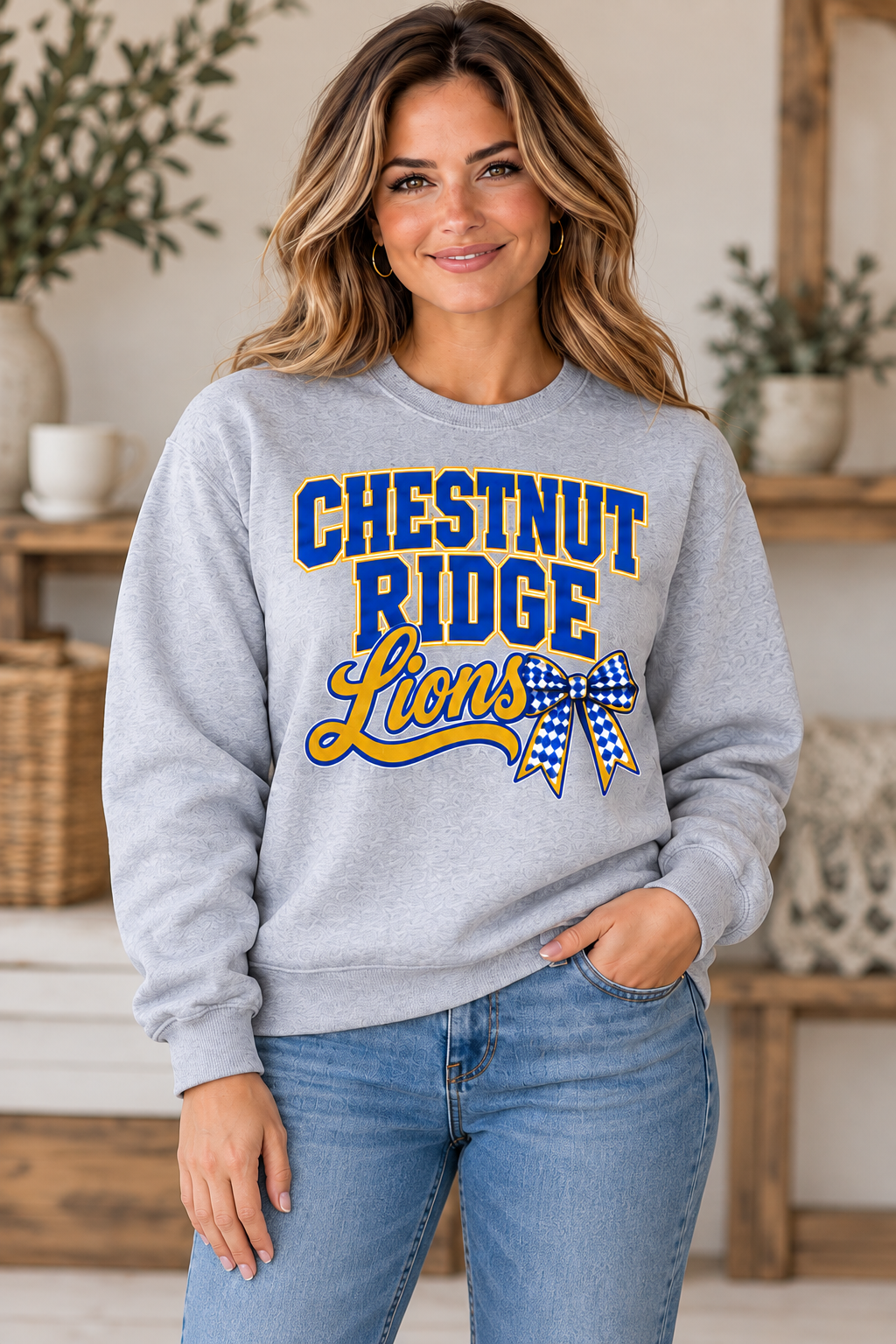 Chestnut Ridge Lions Stacked Lions Bow Crewneck — Sport Gray