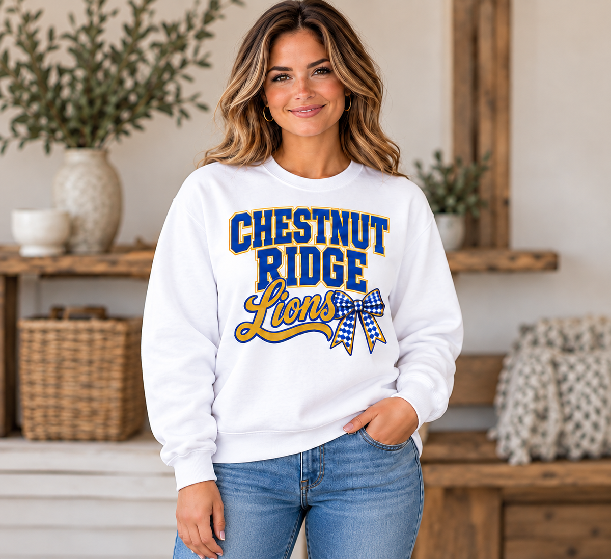 Chestnut Ridge Lions Stacked Lions Bow Crewneck — White