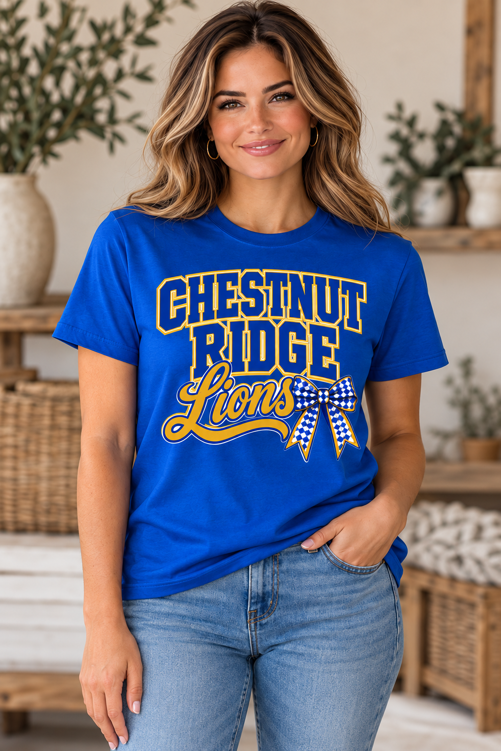 Chestnut Ridge Lions Stacked Lions Bow T-Shirt — Royal Blue