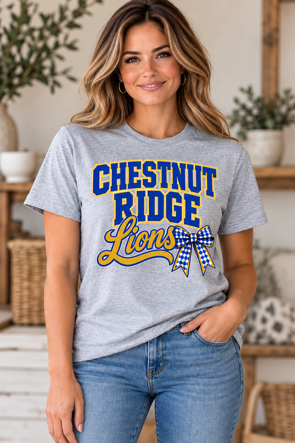 Chestnut Ridge Lions Stacked Lions Bow T-Shirt — Sport Gray