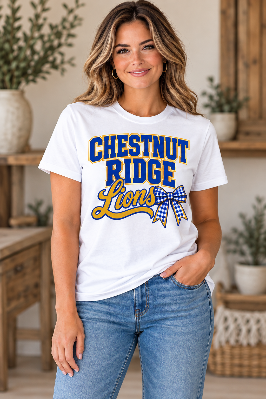 Chestnut Ridge Lions Stacked Lions Bow T-Shirt — White