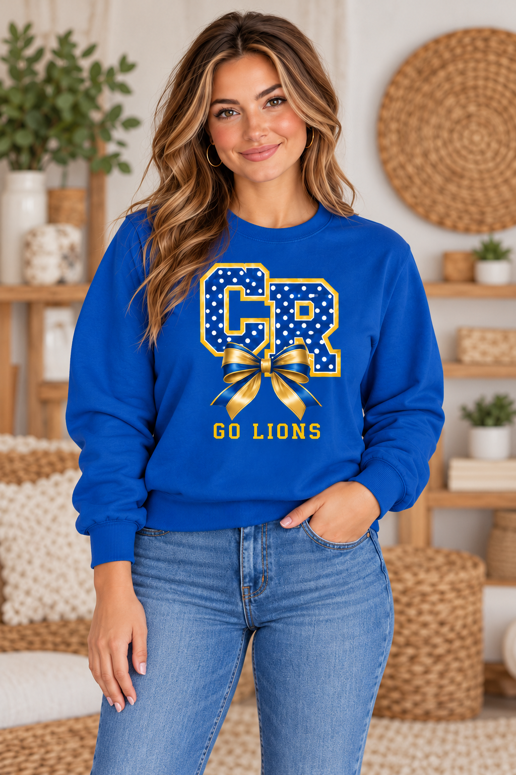 Chestnut Ridge Lions Polka Dot CR Bow Crewneck — Royal Blue