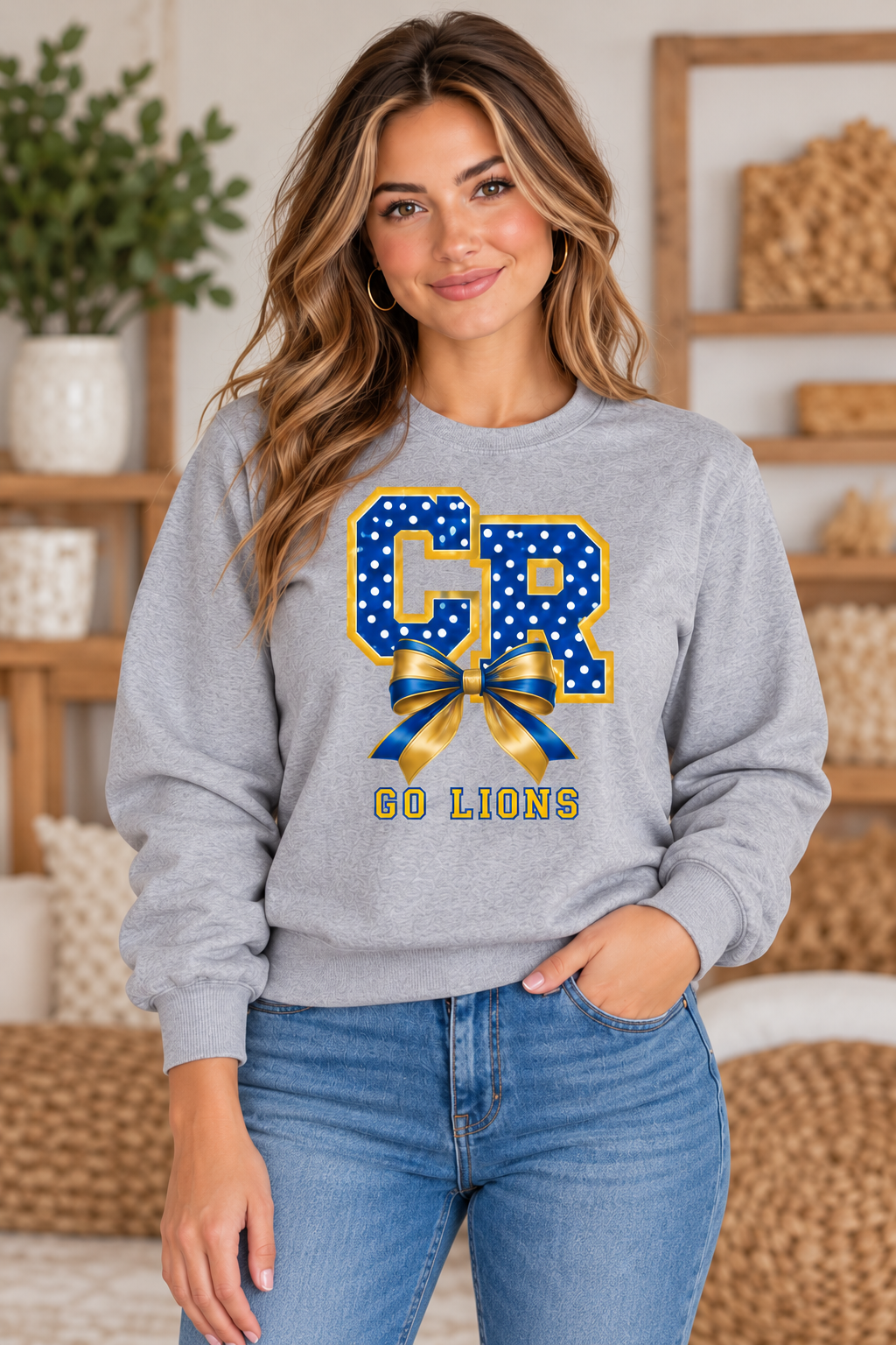 Chestnut Ridge Lions Polka Dot CR Bow Crewneck — Sport Gray