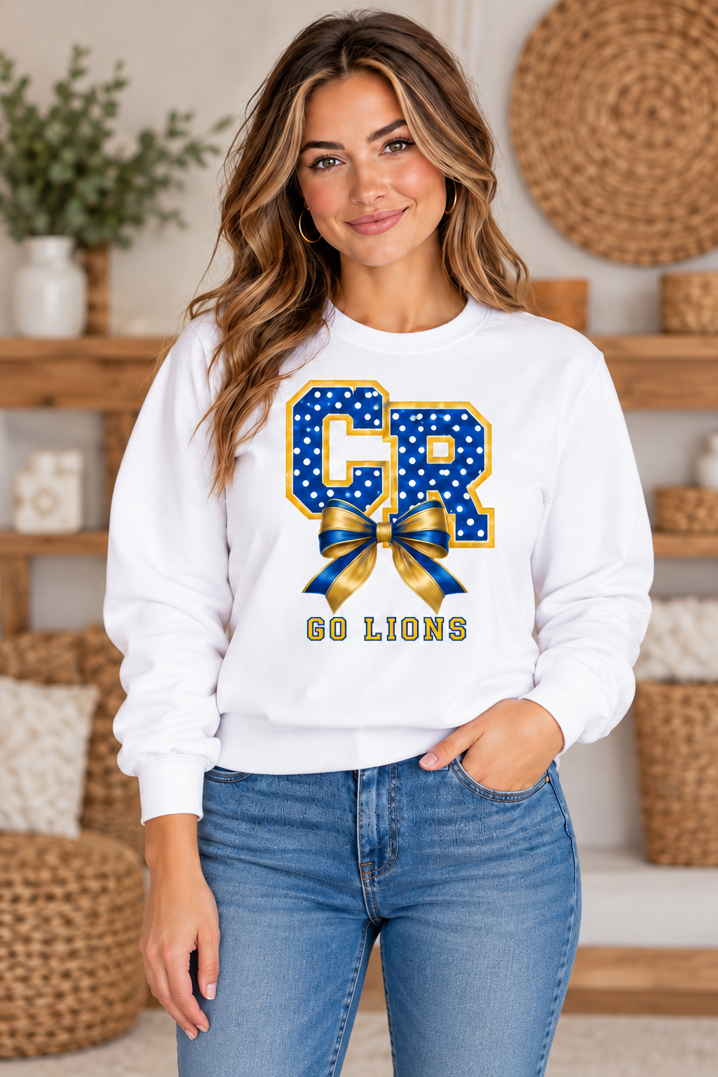 Chestnut Ridge Lions Polka Dot CR Bow Crewneck — White