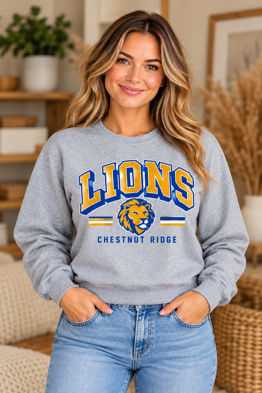 Chestnut Ridge Lions Retro Lion Head Crewneck — Sport Gray