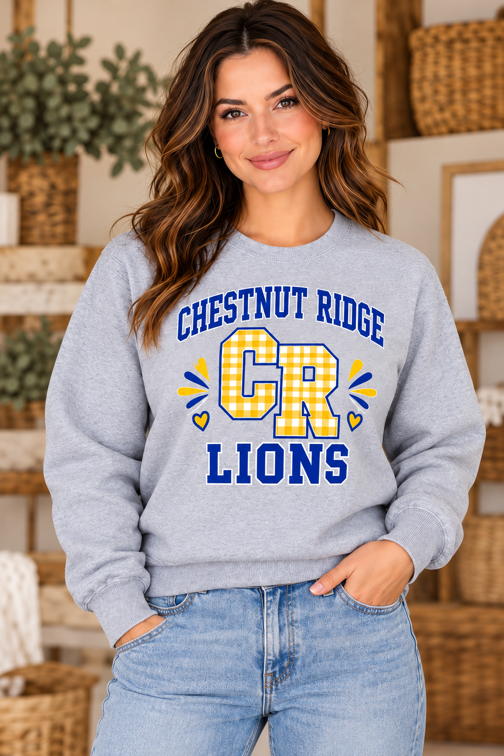Chestnut Ridge Lions Gingham CR Varsity Crewneck — Sport Gray