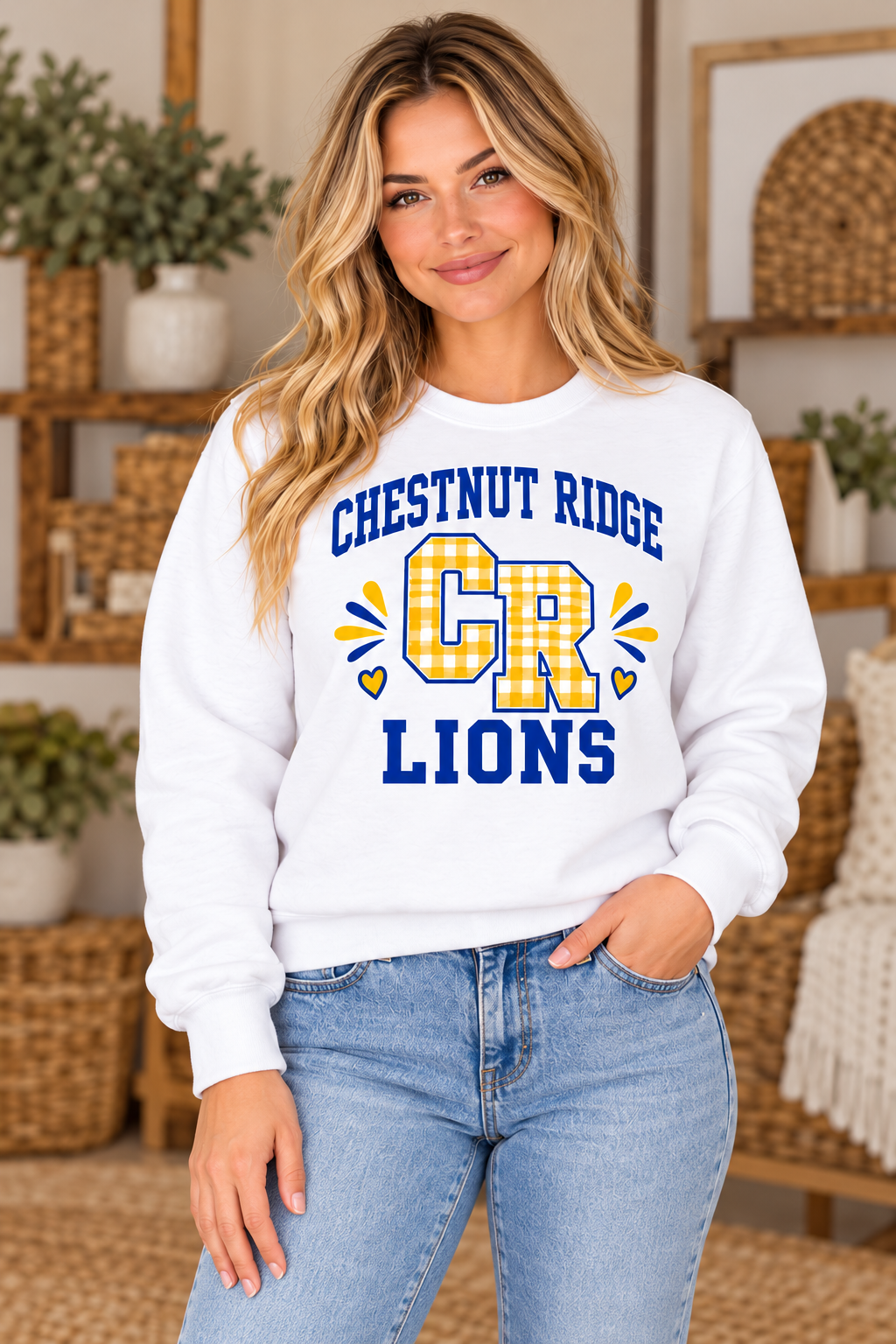 Chestnut Ridge Lions Gingham CR Varsity Crewneck — White