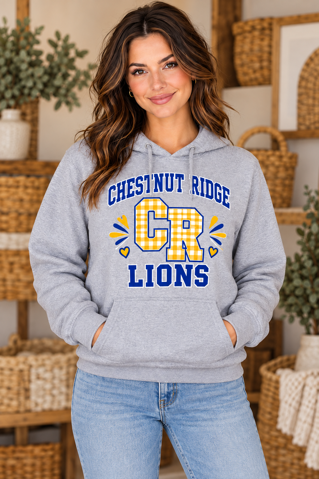 Chestnut Ridge Lions Gingham CR Varsity Hoodie — Sport Gray