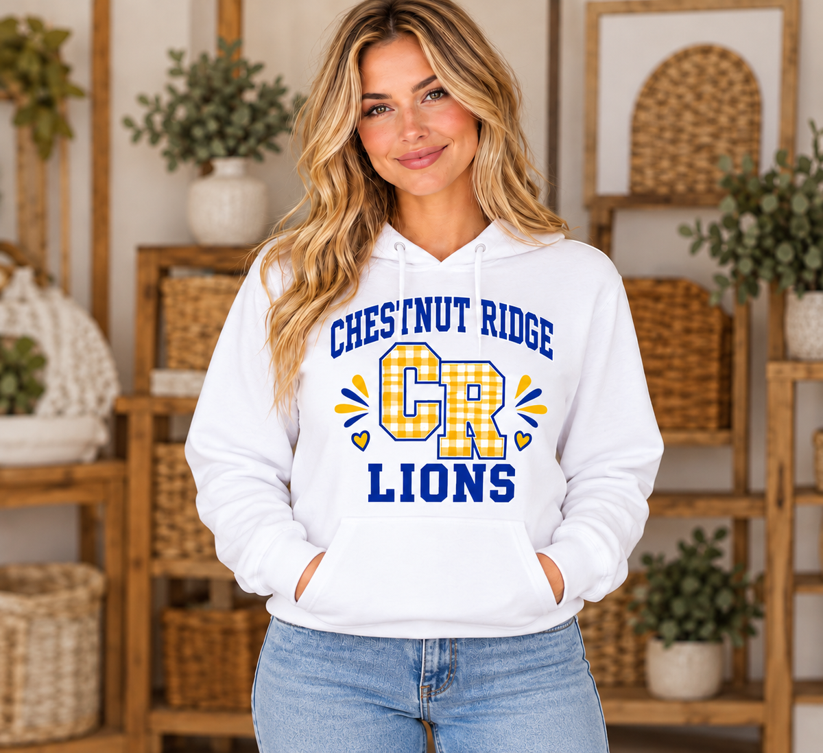 Chestnut Ridge Lions Gingham CR Varsity Hoodie — White