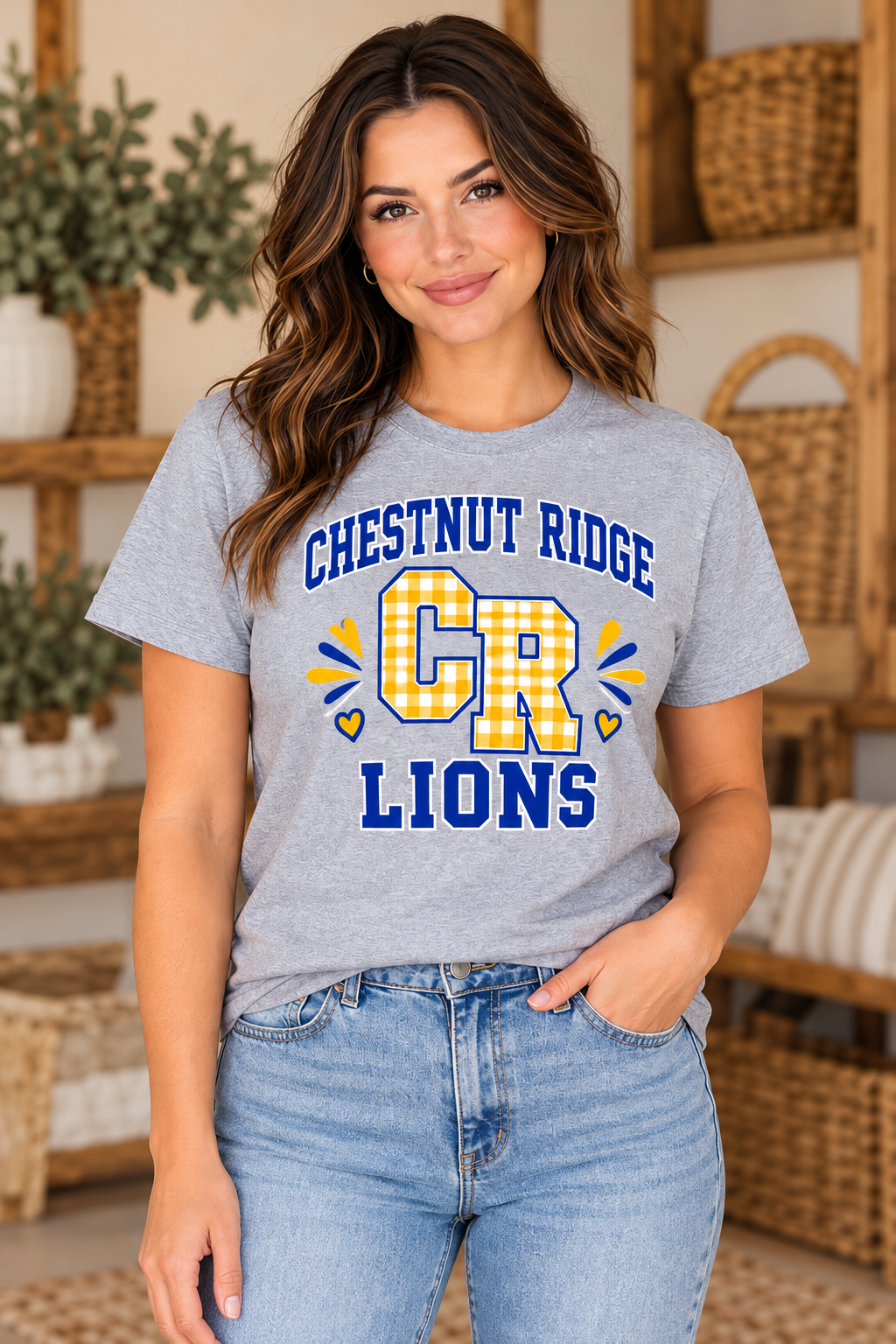 Chestnut Ridge Lions Gingham CR Varsity T-Shirt — Sport Gray