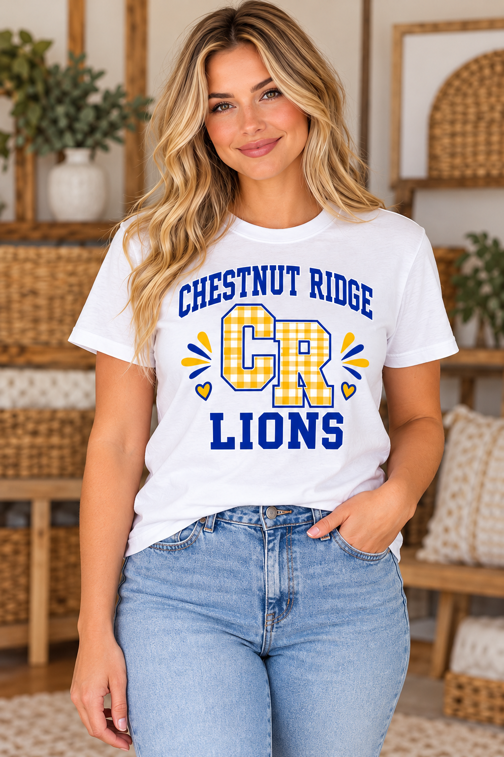 Chestnut Ridge Lions Gingham CR Varsity T-Shirt — White