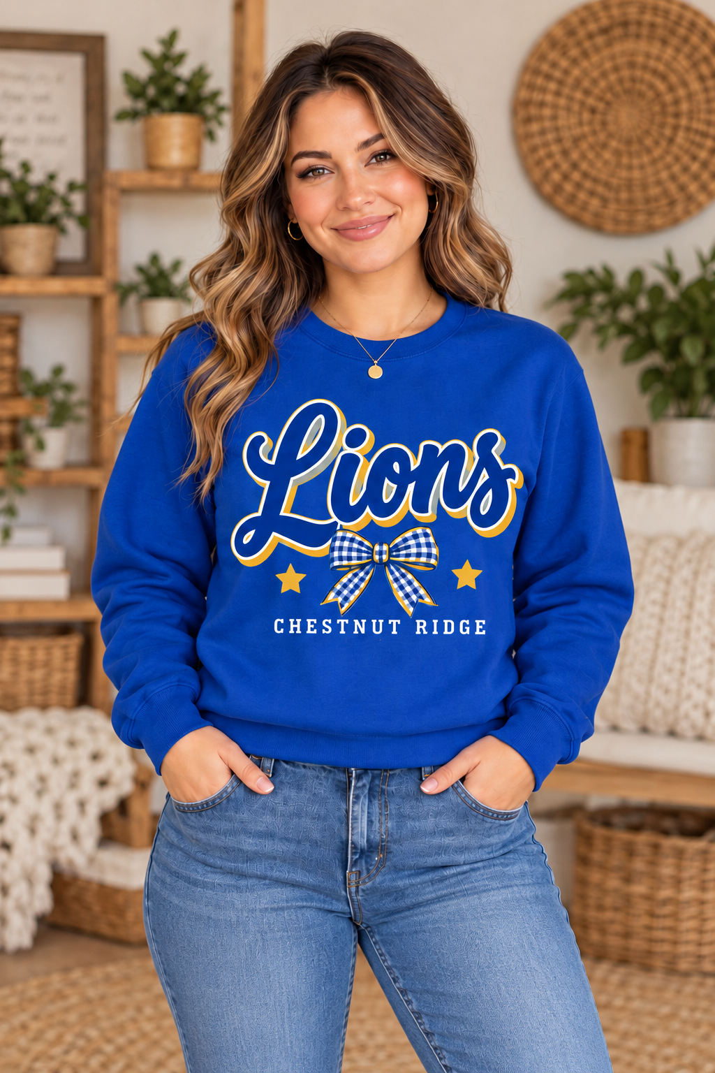 Chestnut Ridge Lions Lions Script Bow Crewneck — Royal Blue