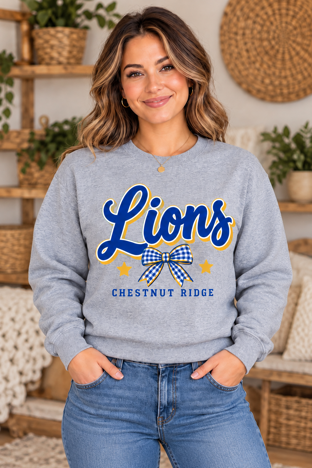 Chestnut Ridge Lions Lions Script Bow Crewneck — Sport Gray