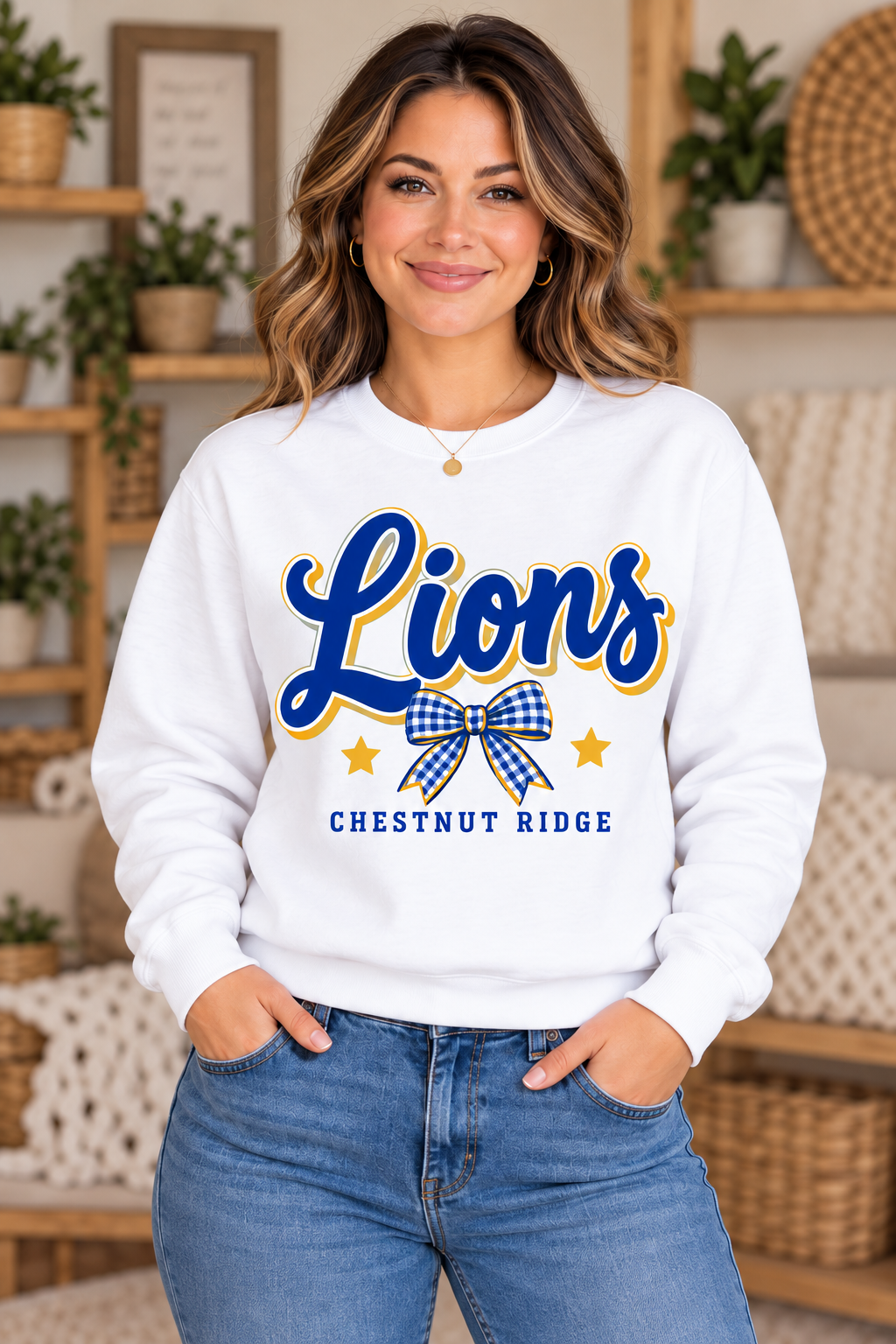 Chestnut Ridge Lions Lions Script Bow Crewneck — White
