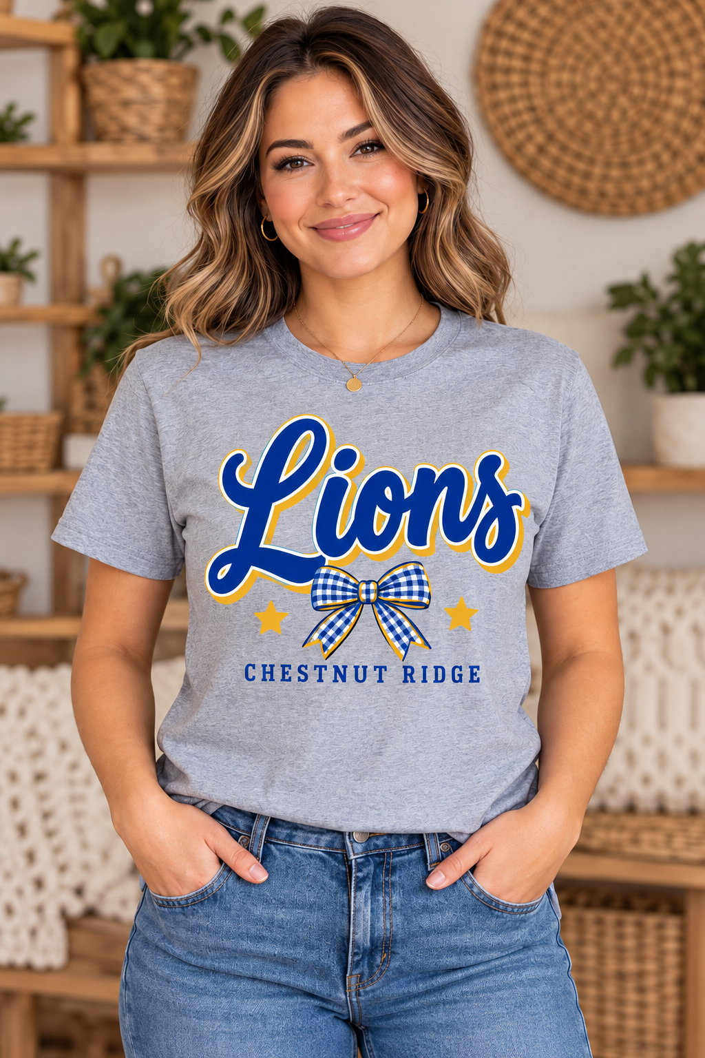 Chestnut Ridge Lions Lions Script Bow T-Shirt — Sport Gray