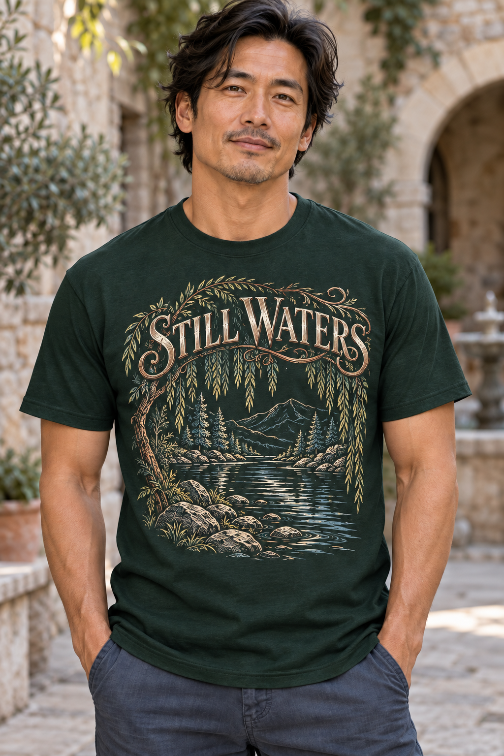 Still Waters open linework front print mockup