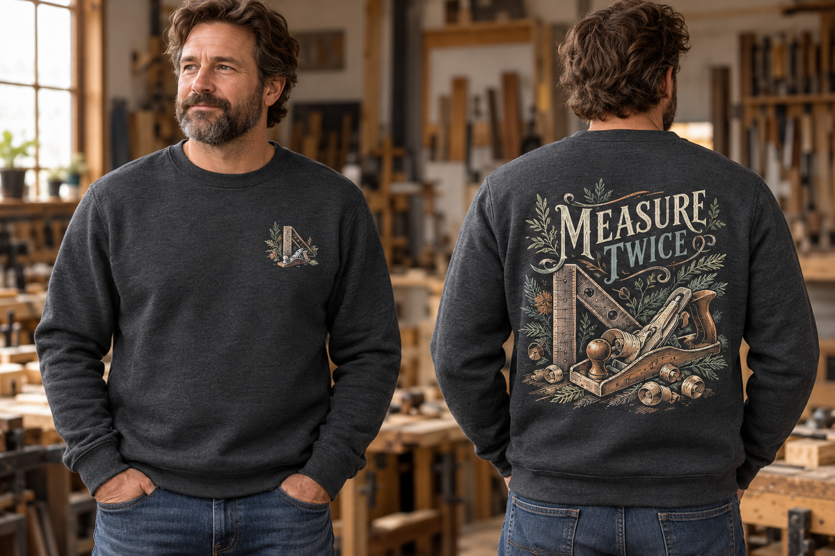 Men’s Measure Twice Crewneck – Dark Heather Gray front and back