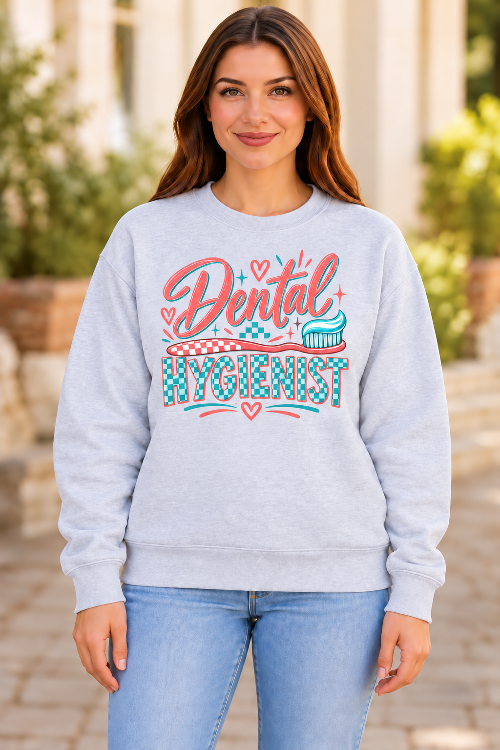 Dental Hygienist Coral Checker Toothbrush sport gray crewneck