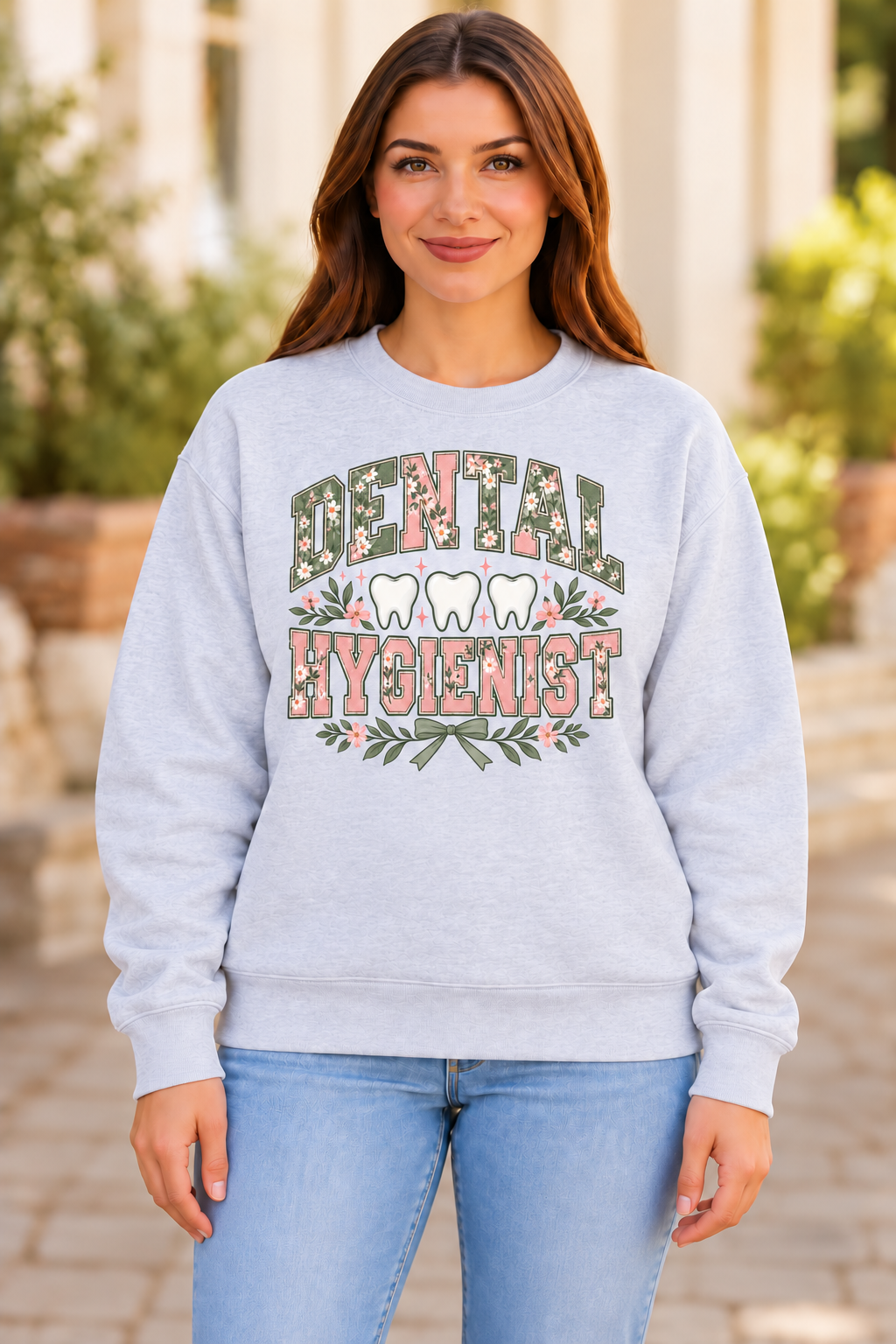 Dental Hygienist Sage Floral Smiles sport gray crewneck