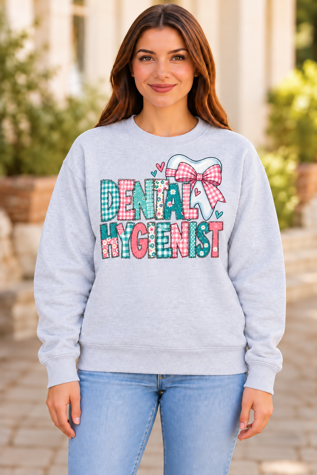 Dental Hygienist Teal Pink Tooth Bow sport gray crewneck