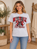 Meyersdale Red Raiders Pattern Bow T-Shirt – Sport Gray boutique model mockup