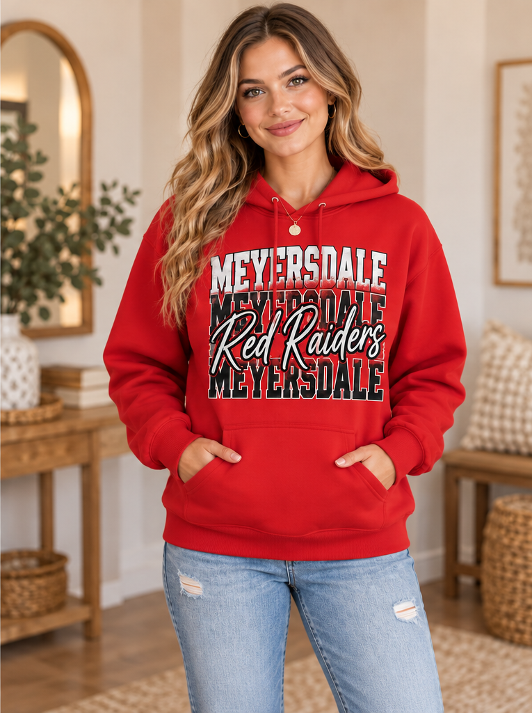 Meyersdale Red Raiders Stacked Lettering Hoodie – Red boutique model mockup