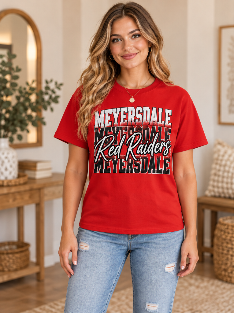 Meyersdale Red Raiders Stacked Lettering T-Shirt – Red boutique model mockup
