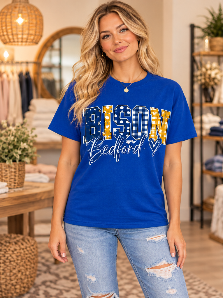 Bedford Bison Patchwork Script T-Shirt – Royal Blue boutique model mockup