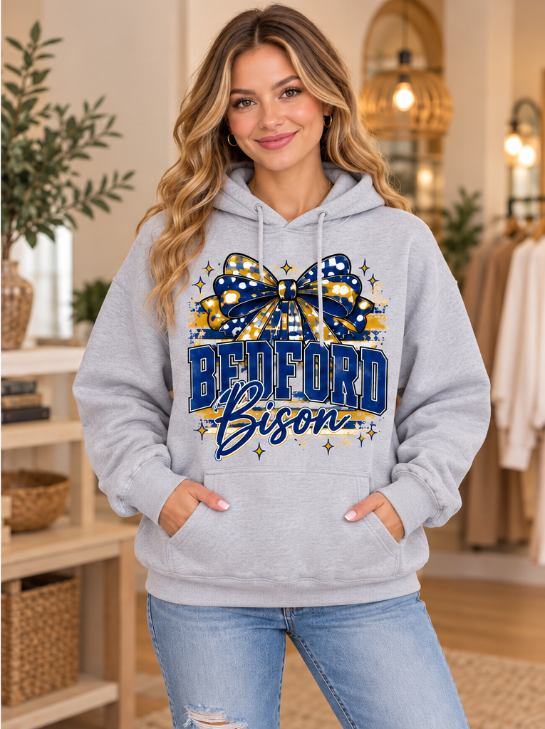 Bedford Bison Boutique Bow Hoodie – Sport Gray boutique model mockup