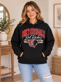 Meyersdale Red Raiders Heritage Stripes Hoodie – Black boutique model mockup
