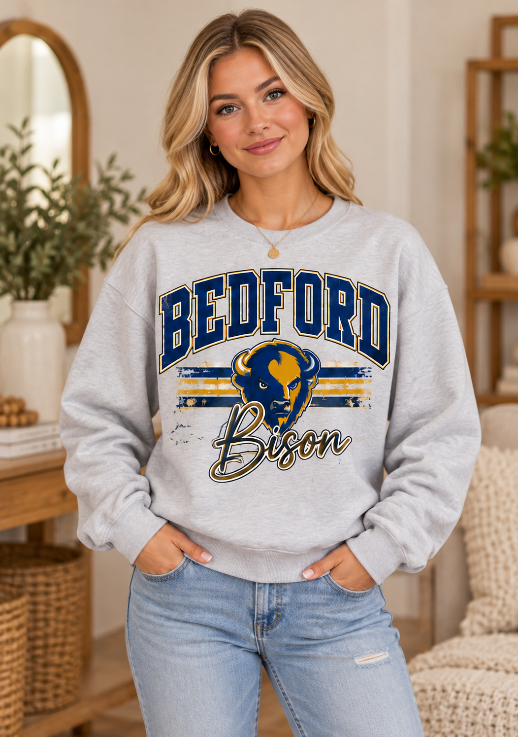 Bedford Bison Heritage Stripes Crewneck – Sport Gray – full boutique model mockup