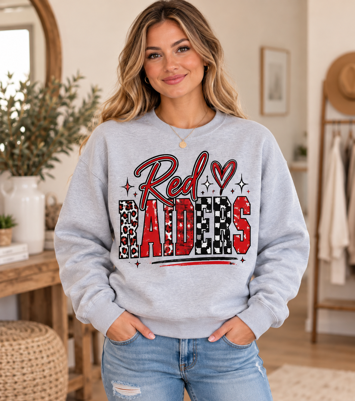Meyersdale Red Raiders Patchwork Script Crewneck – Sport Gray – full boutique model mockup