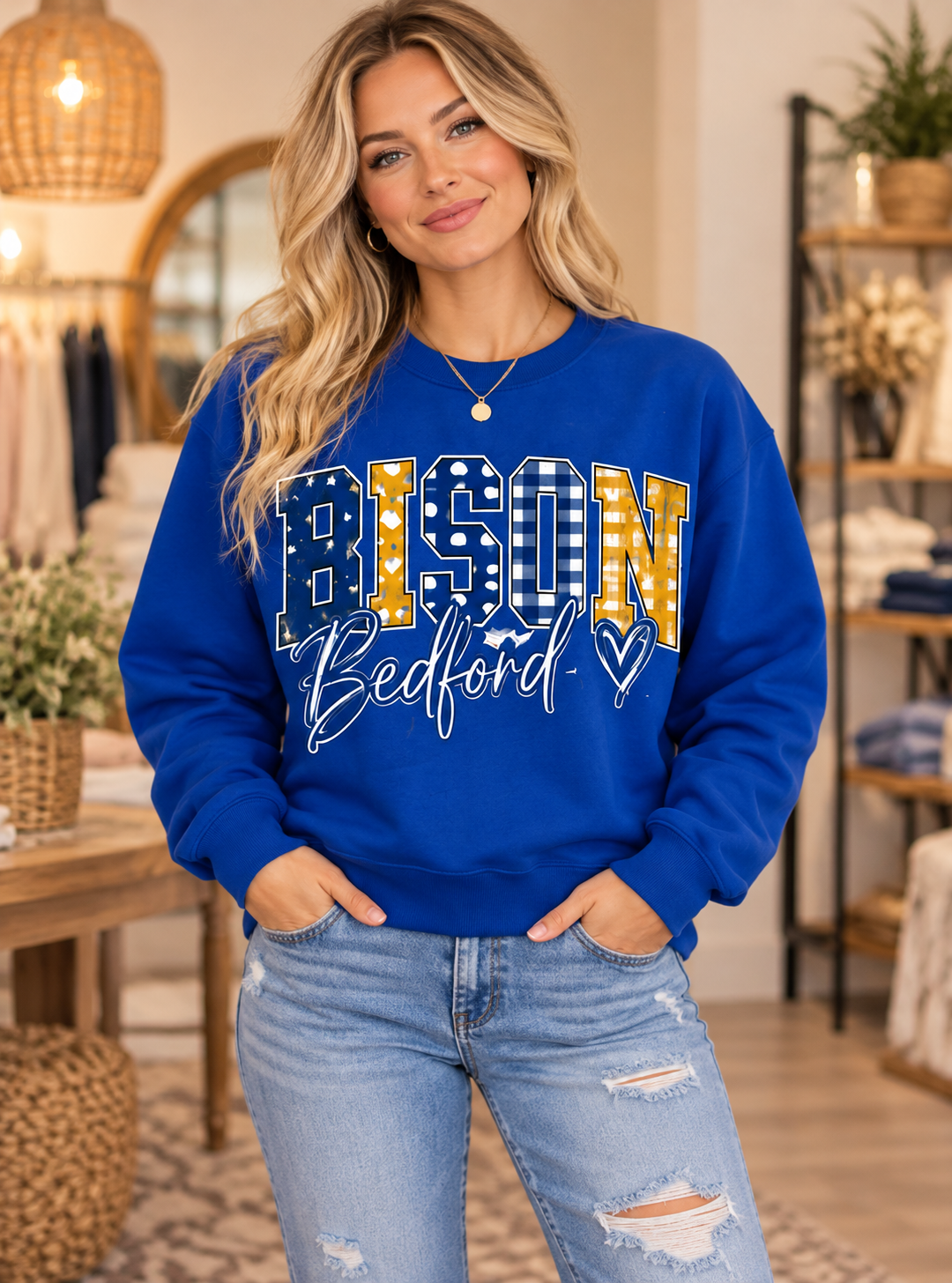 Bedford Bison Patchwork Script Crewneck – Royal Blue – full boutique model mockup