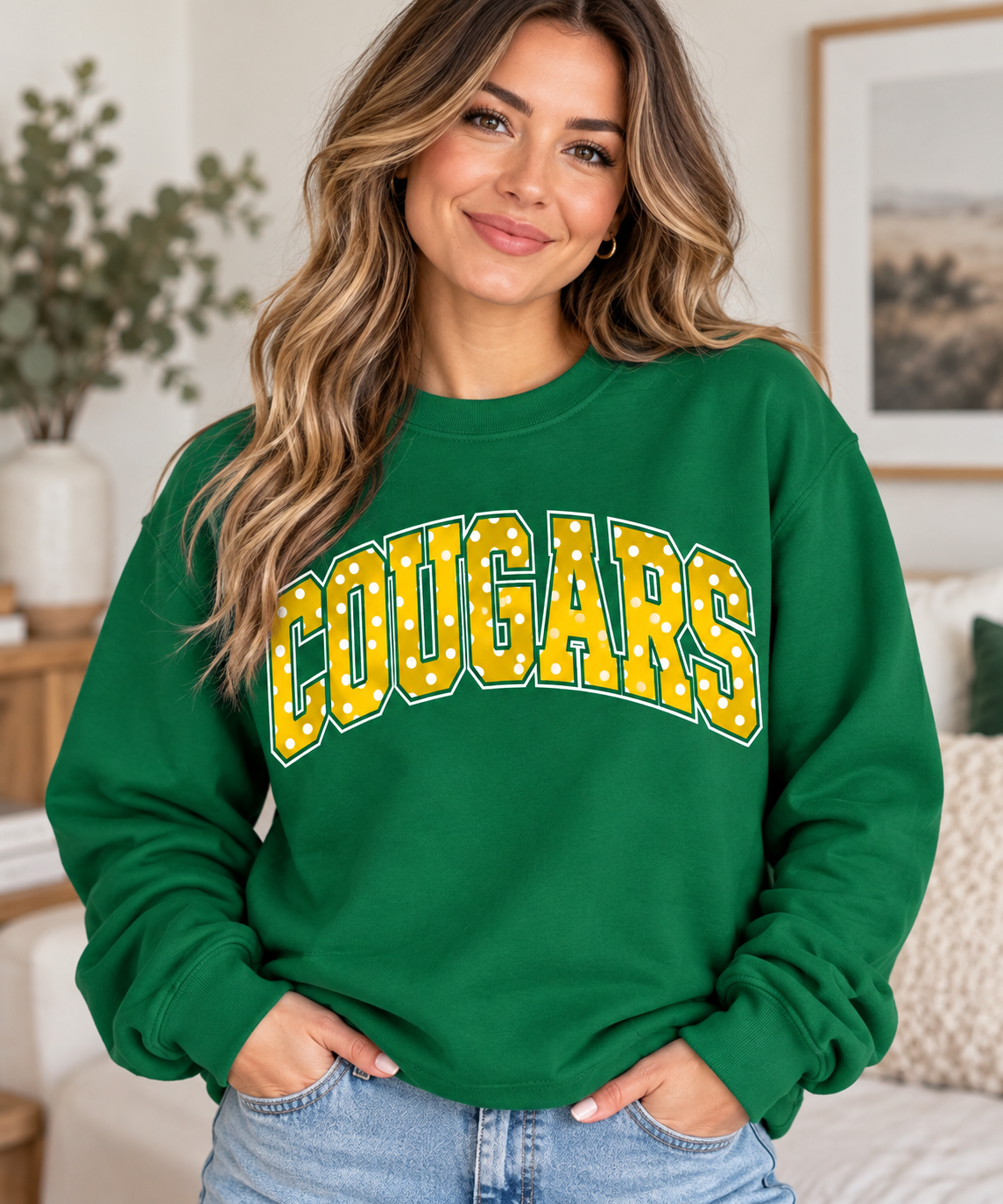 East Hardy Cougars green polka dot crewneck woman mockup