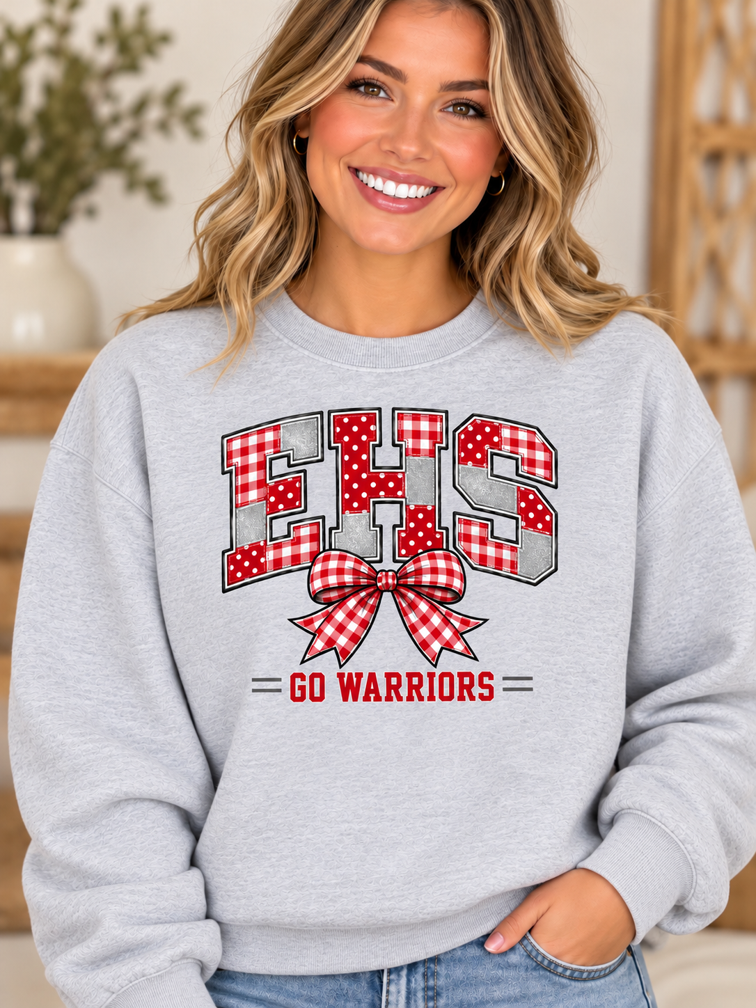 Everett EHS Patchwork Bow Ash Gray Crewneck