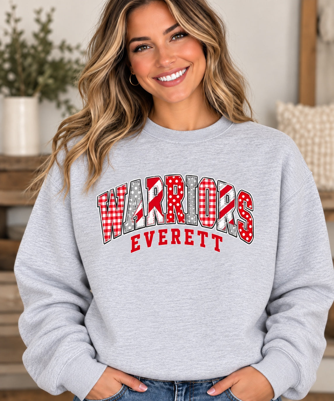 Everett Warriors Patchwork Ash Gray Crewneck