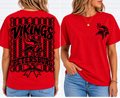 Front and back views of red Petersburg Vikings T-shirt on a woman