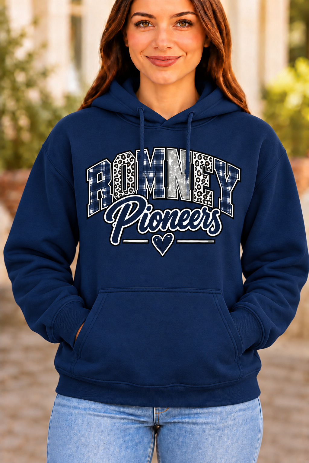 Romney Pioneers Mixed Pattern Heart Navy Hoodie