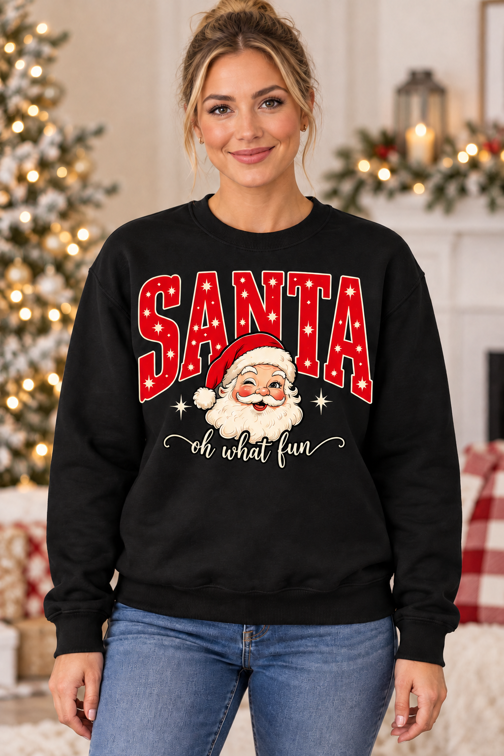 Santa Oh What Fun Crewneck – Black girl mockup