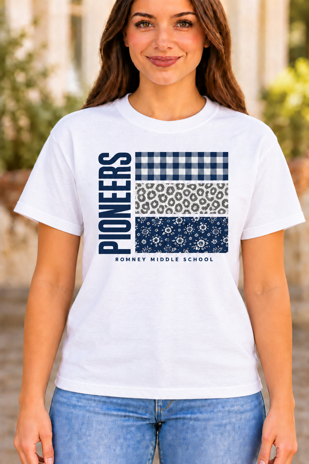 Romney Pioneers Patterned Fabric Collage White T-Shirt