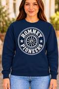 Romney Pioneers Wagon Wheel Crest Navy Crewneck