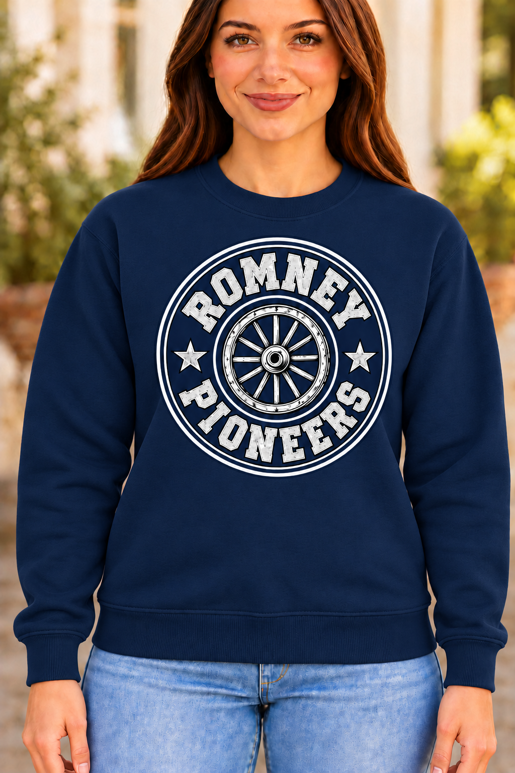 Romney Pioneers Wagon Wheel Crest Navy Crewneck