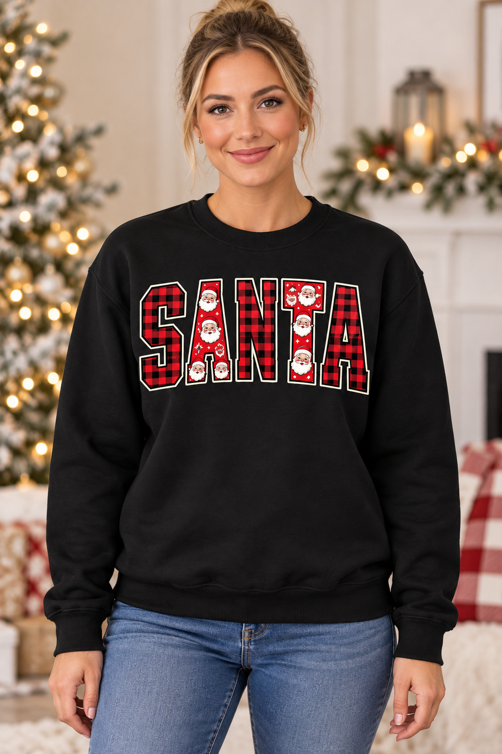 Santa Buffalo Plaid Crewneck – Black girl mockup