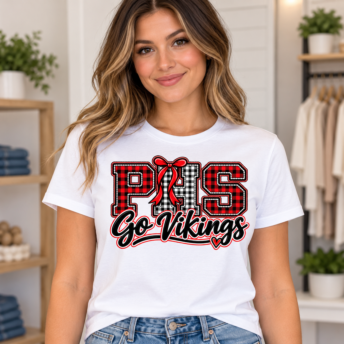 Woman modeling white Petersburg PHS Go Vikings short-sleeve shirt